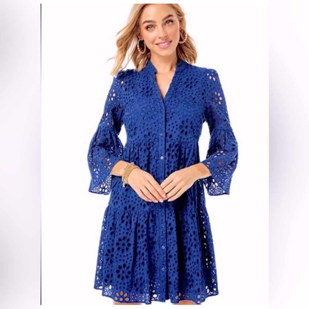 NWT! Lilly Pulitzer Hazelanne Eyelet Dress in Oyster Bay Navy Funflower 00
